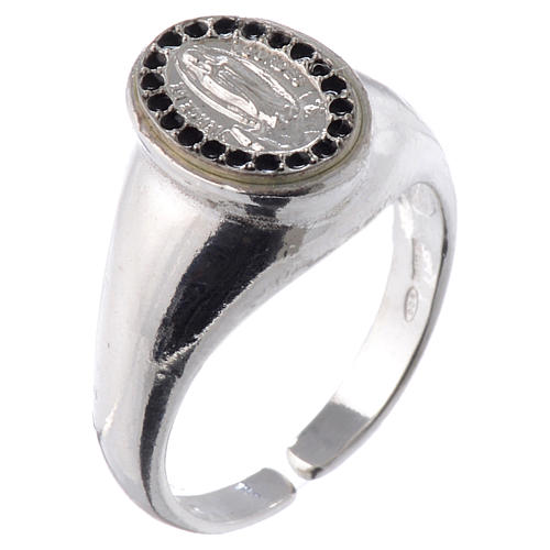 Ring in 800 silver with Our Lady of Lourdes medal, black and adjustable 1