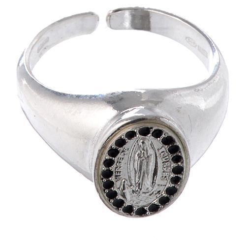 Ring in 800 silver with Our Lady of Lourdes medal, black and adjustable 2