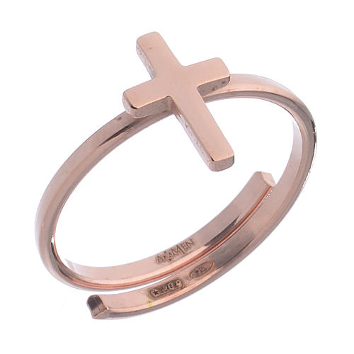 Sterling silver AMEN midi ring with cross Rosé finish 1