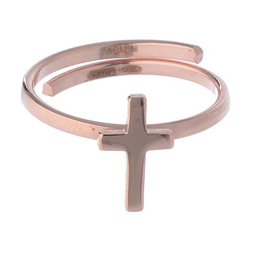 Sterling silver AMEN midi ring with cross Rosé finish 2