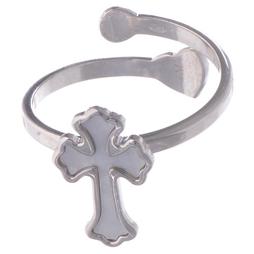 Ring AMEN Cross adjustable silver 925 and mother-of-pearl, Rhodium finish 2