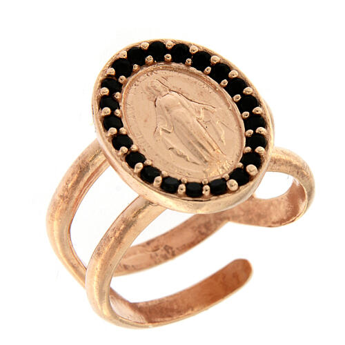 Ring in 925 silver with black zircons Miraculous Medal, rose-coloured 1
