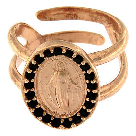 Ring in 925 silver with black zircons Miraculous Medal, rose-coloured
