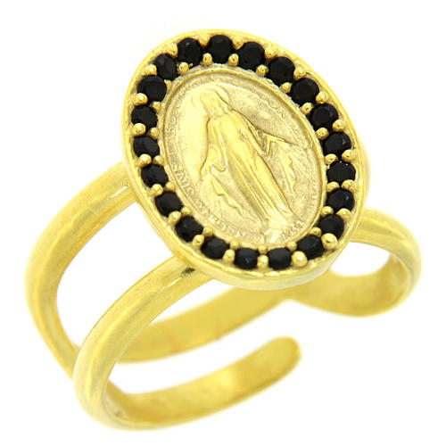 Ring in 925 silver with black zircons Miraculous Medal, golden 1