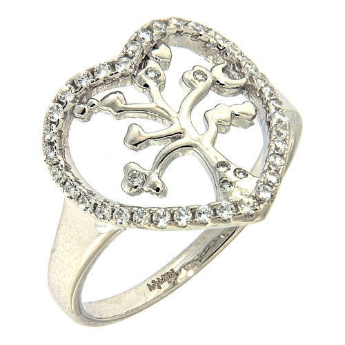 AMEN ring in 925 sterling silver finished in rhodium with zirconate heart and tree 1
