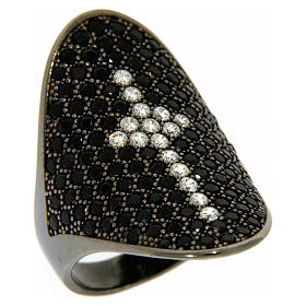 AMEN ring in 925 silver with rhodium plated finishing, cross and black and white rhinestones