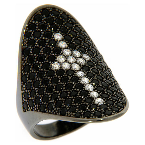 Bague AMEN argent 925 rhodié croix zircons noirs et blancs 1