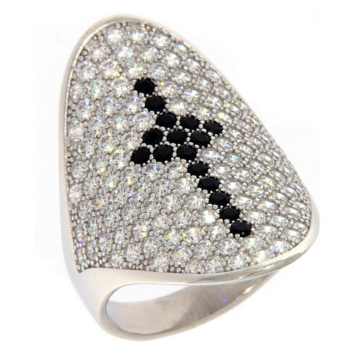 AMEN ring in 925 silver with rhodium plated finishing, cross and black and white rhinestones 1