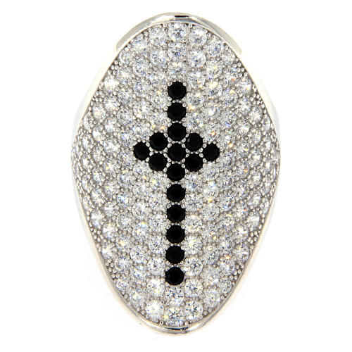 AMEN ring in 925 silver with rhodium plated finishing, cross and black and white rhinestones 2