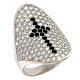 AMEN ring in 925 silver with rhodium plated finishing, cross and black and white rhinestones s1