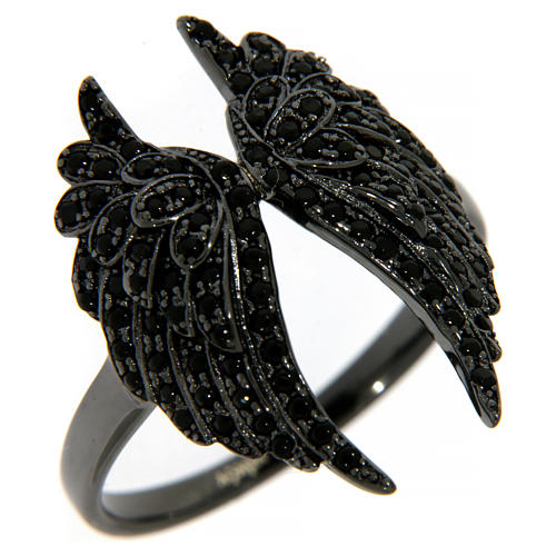 Ring AMEN in 925 silver, rhodium black angel wings with black cubic zirconia  1