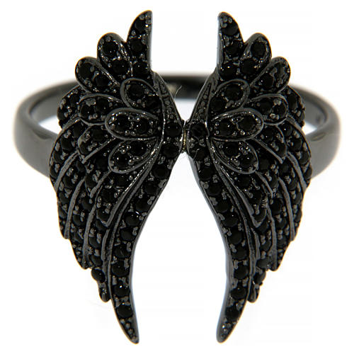 Ring AMEN in 925 silver, rhodium black angel wings with black cubic zirconia  2