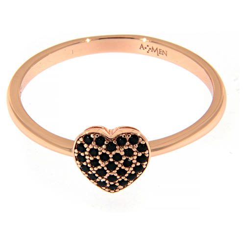 AMEN ring in pink 925 silver with heart and black rhinestones 2