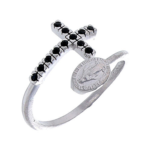 Ring with miraculous medal in 925 silver and black rhinestones 1