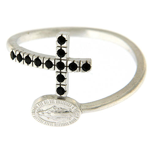 Anillo plata 925 medalla milagrosa y cruz con zircones negros 3