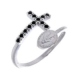 925 silver ring Virgin Mary medal and cross with black zircons
