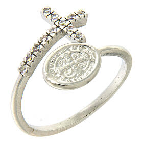 Ring Silber 925 Benediktsmedaille und Kreuz mit Zirkonen s1
