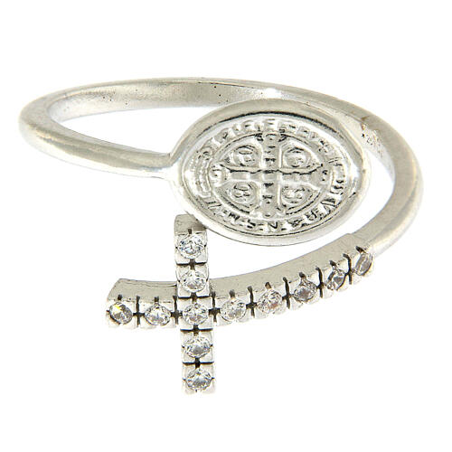 Ring with St. Benedict's medal in 925 silver and white rhinestones 2