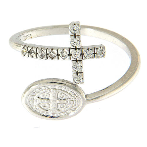 Ring with St. Benedict's medal in 925 silver and white rhinestones 3