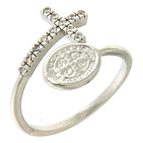Anello medaglia San Benedetto argento 925 e zirconi bianchi 1