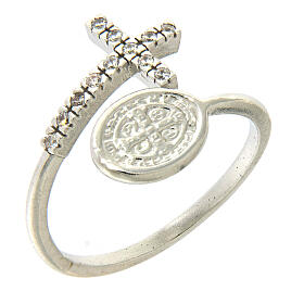 Saint Benedict medal ring in 925 silver and white zircons
