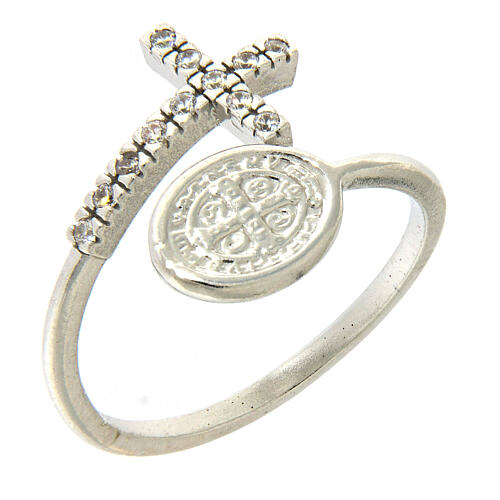 Saint Benedict medal ring in 925 silver and white zircons 1