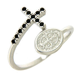Ring with St. Benedict's medal in 925 silver and black rhinestones