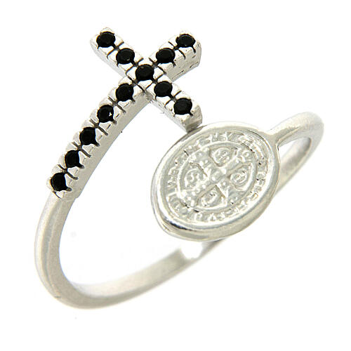 Ring with St. Benedict's medal in 925 silver and black rhinestones 1