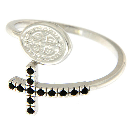 Ring with St. Benedict's medal in 925 silver and black rhinestones 2