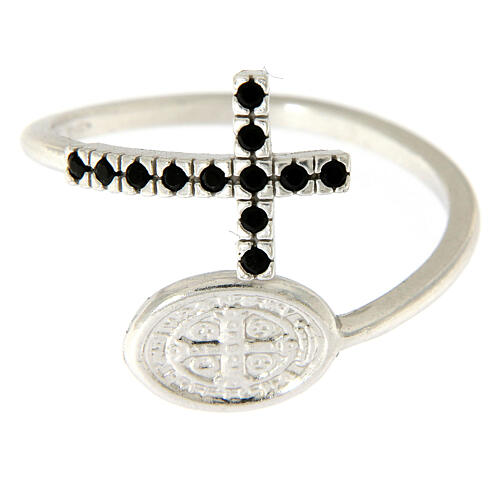 Ring with St. Benedict's medal in 925 silver and black rhinestones 3