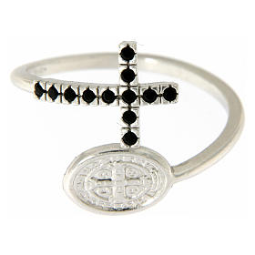 Bague médaille St Benoît argent 925 et zircons noirs. s3