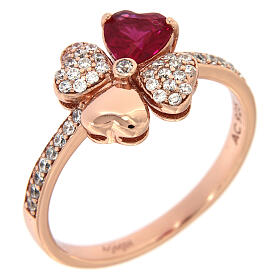 AMEN ring with heart-shaped clover, ruby and rhinestones in 925 silver