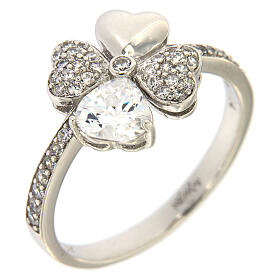 AMEN ring with white clover and rhinestones in 925 silver