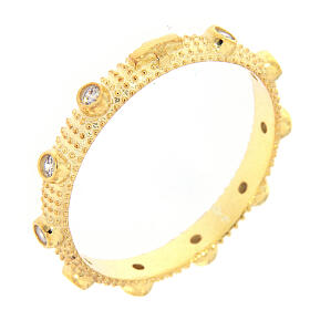 Slim rosary ring, gold plated 925 silver, white zircons