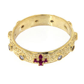 Rosary ring, cross and red zircons, gold plated 925 silver