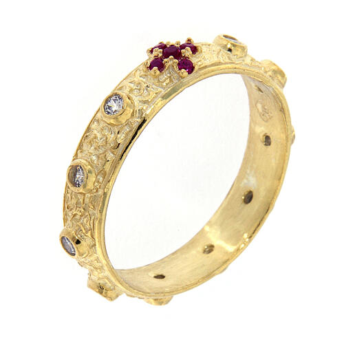 Rosary ring, cross and red zircons, gold plated 925 silver 1