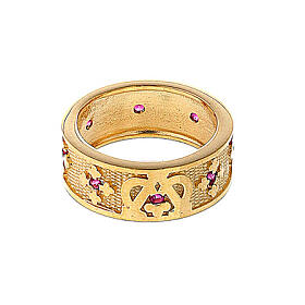 Band ring, Hail Mary, gold plated 925 silver and red zircons
