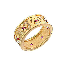 Ring Ave Mary in 925 silver gilded with red zircons