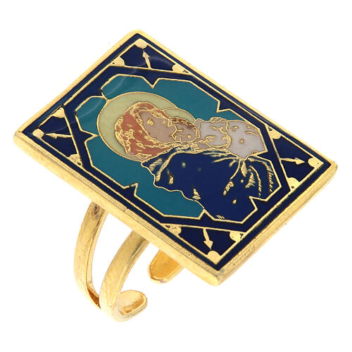 Gold plated ing of Virgin with Child, blue enamel, adjustable size 1