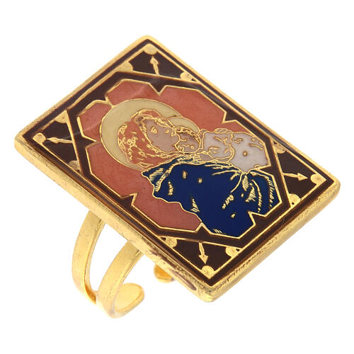 Gold plated ring of Virgin with Child, orange enamel 1