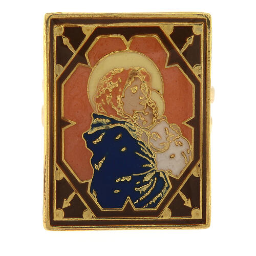 Gold plated ring of Virgin with Child, orange enamel 2