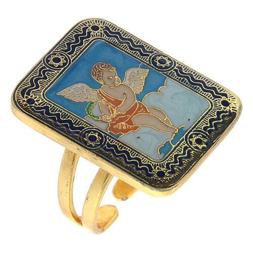 Gold plated ring, Angel on blue background 1