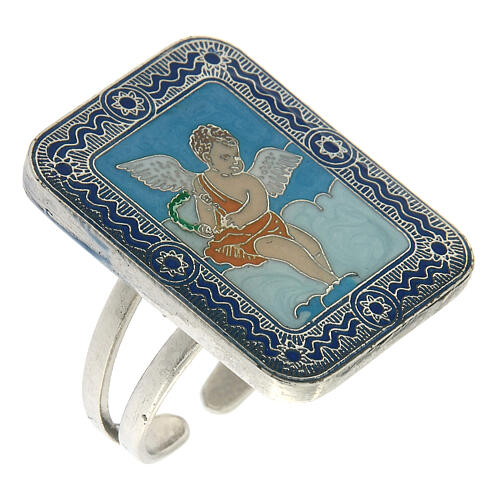 Adjustable ring, enamelled angel, blue background 1
