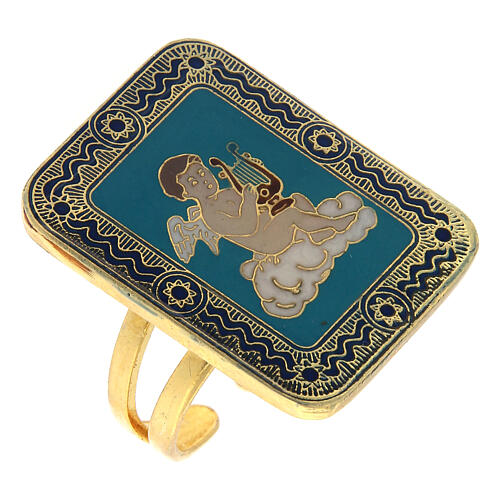 Adjustable ring, angel with lyre, blue enamel 1