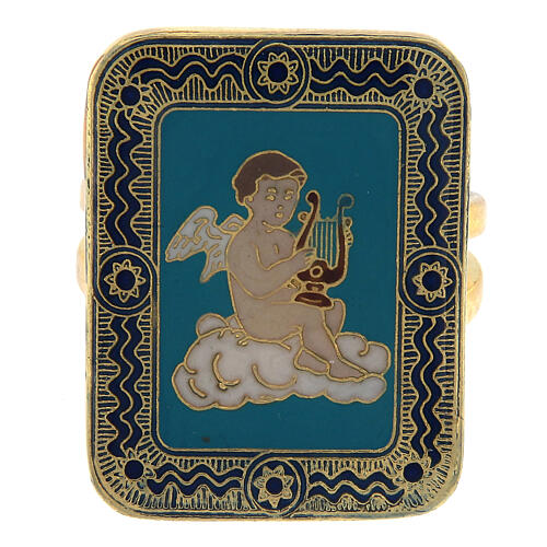 Adjustable ring, angel with lyre, blue enamel 2