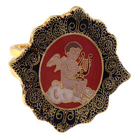Ring with enammeled medal, angel with lyre, orange background
