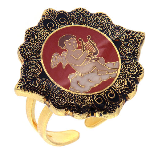 Ring with enammeled medal, angel with lyre, orange background 1