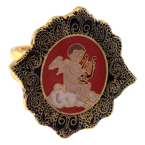 Ring with enammeled medal, angel with lyre, orange background 2