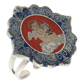 Ring with enammeled medal, angel with lyre, orange and blue
