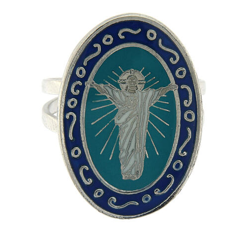 Adjustable ring, Risen Christ, light blue oval medal 2